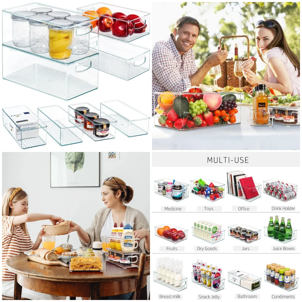 

8-Pack Stackable Pantry Bins (3 Sizes) - Clear Kitchen Organizers with Handles for Fridge, Freezer, Cabinets