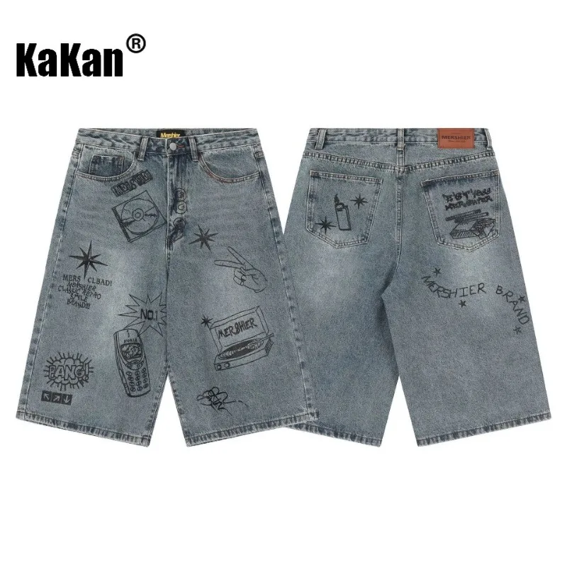 Kakan-Jeans courts rétro graffiti pour hommes, tendance de la rue, K27, Europe et États-Unis, été, nouveau style, sept