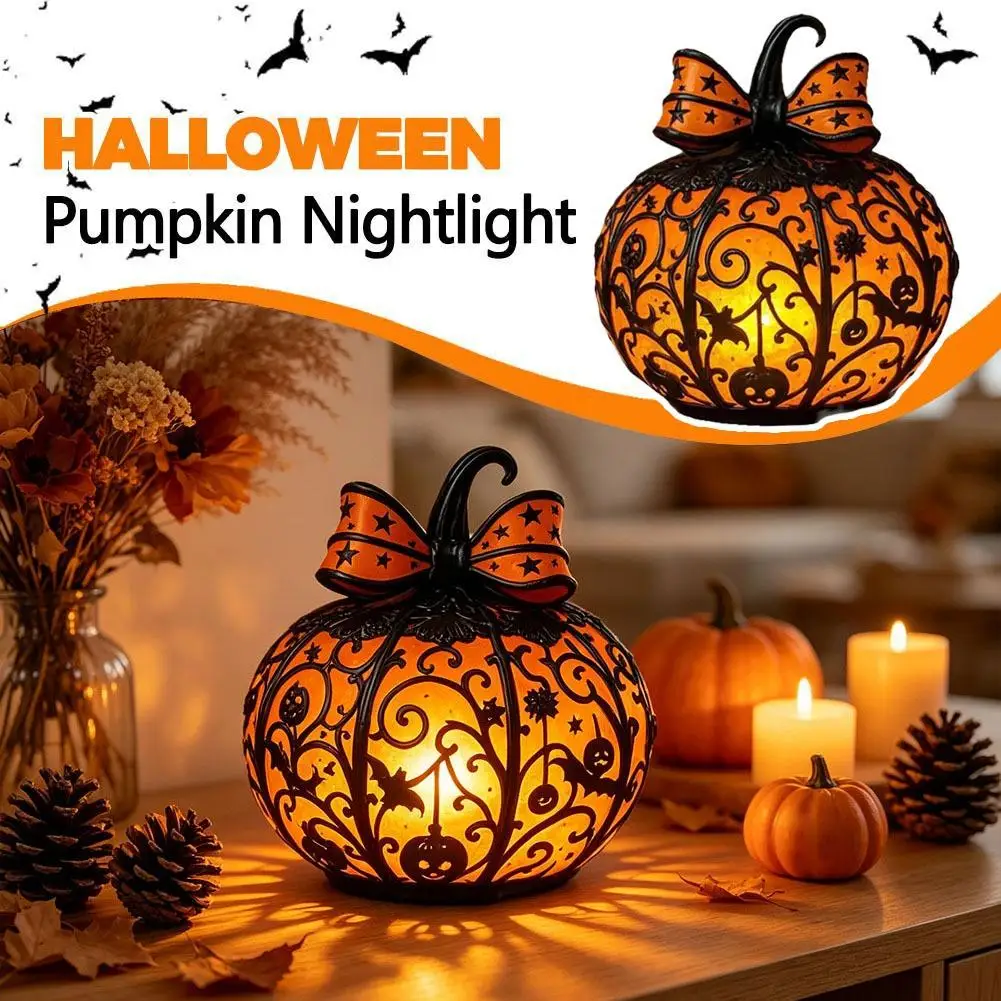 Halloween Pumpkin LED Nightlight with Bow Decoration Vintage Warm Light Table Lamp for Home Party Holiday Decor Nightlight