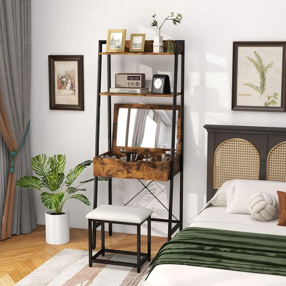 Rustic Brown & Black Ladder Vanity Desk Set with Cushioned Stool and 4 Storage Drawers for Small Spaces