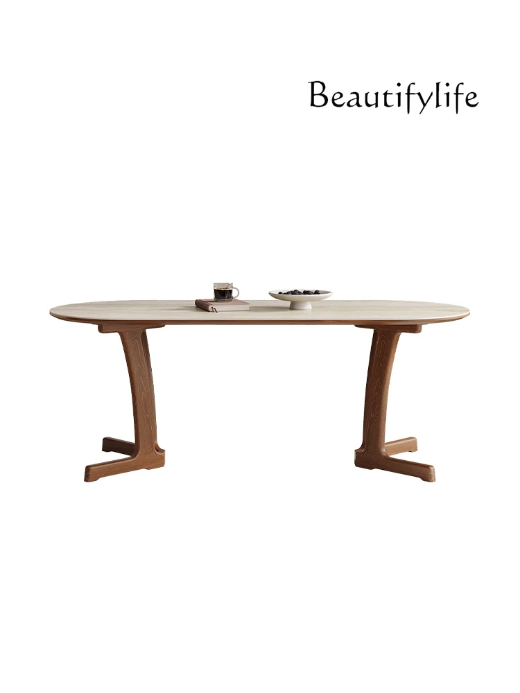 

French Retro Cave Stone Stone Plate Dining Tables and Chairs Set Designer Household Oval Dining Table