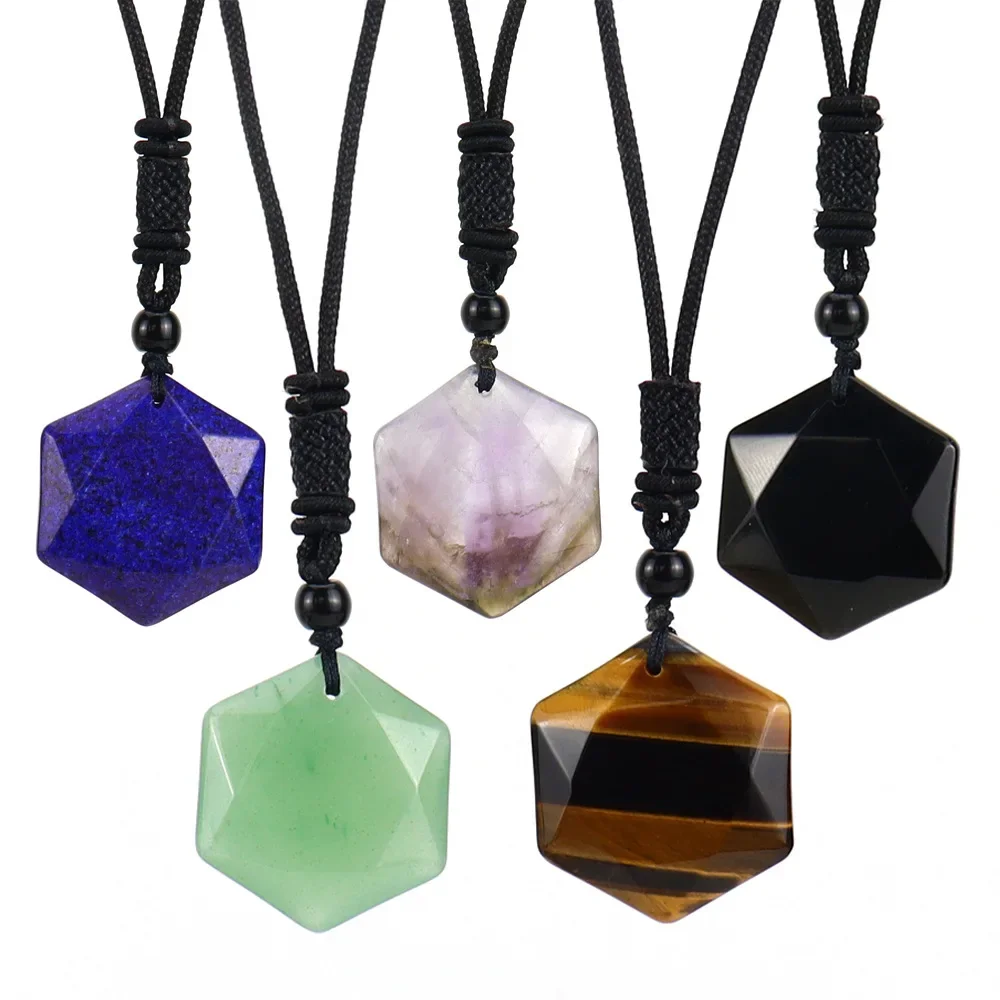 6pcs Magen David Pendant Natural Healing Amethyst Crystal Rose Quartz Onyx Hexagram Star of David Stone Charms Rope Necklace