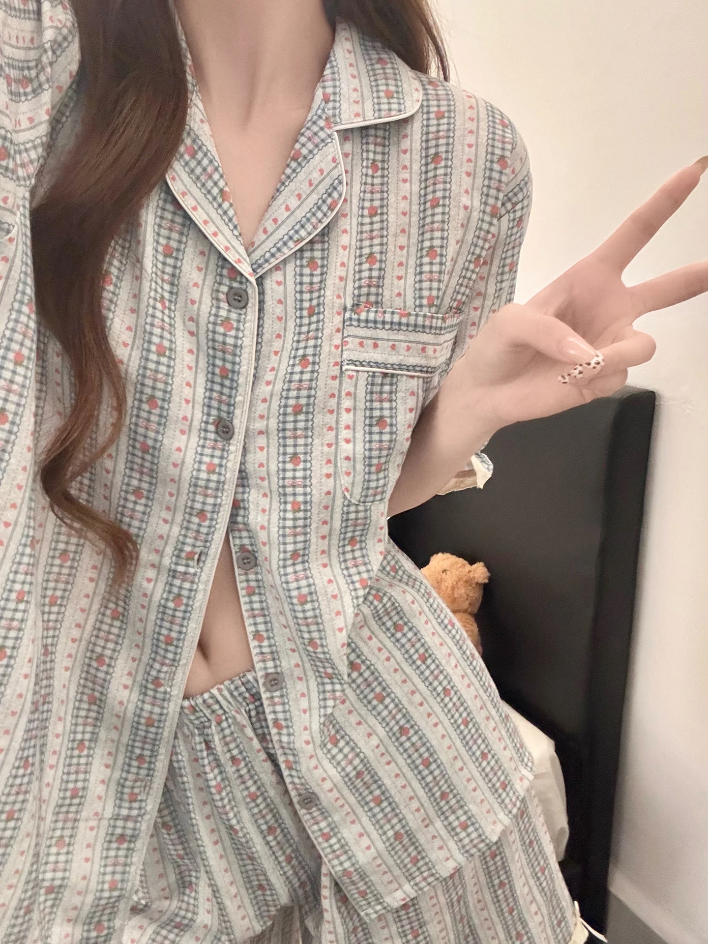 夏の新しいストライプパジャマ女性の甘いレース半袖ゆったりとした快適なホーム服セットカジュアル通気性ナイトガウン