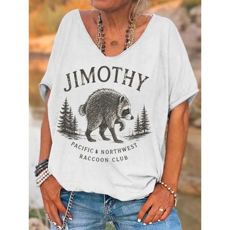 ilstile Women's Raccoon Print T-Shirts Summer Short Sleeve T Shirt Casual Loose V Neck Tops Tees Black White Hot Sale