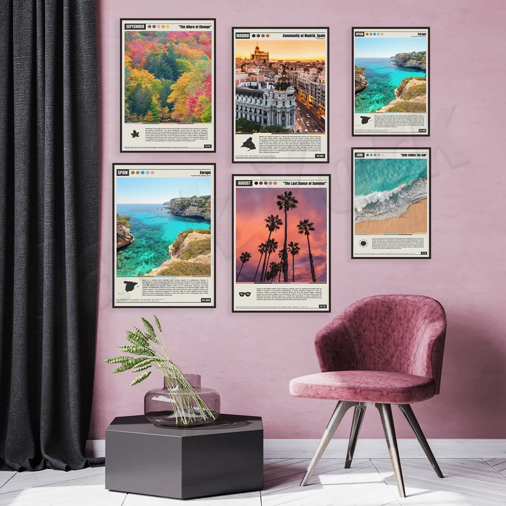 Japan, Spain, Madrid, León Spain, Barcelona, flag oil painting, August, palm trees, June beach summer, September travel poster