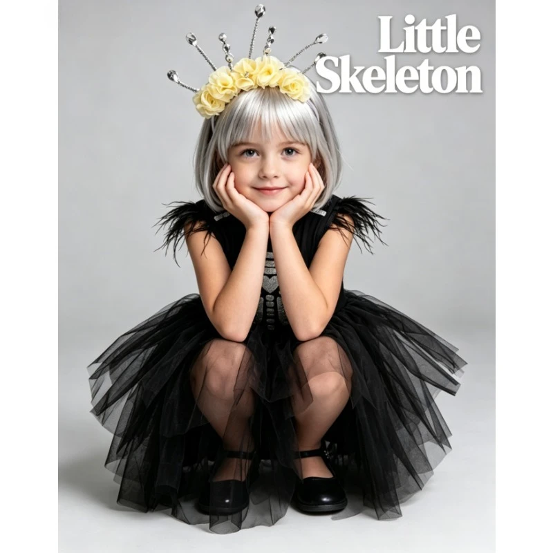 Skull Pattern Halloween Costume Kids Makeup Party Stage Performance Fluffy Skirt Holiday Festive Dress Casual Role Play Outfit