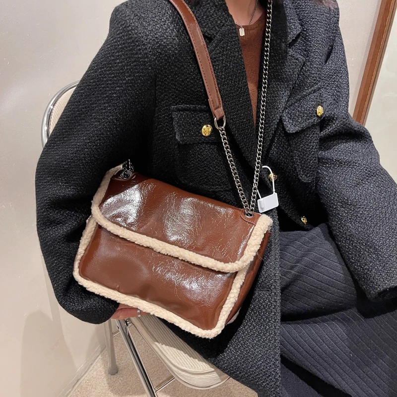 Fashion Pu Chain Woman Shoulder Bag Luxury Brand Lamb Wool Handbag Women\'S Vintage Soft Leather Messenger Bag Large Purse Female