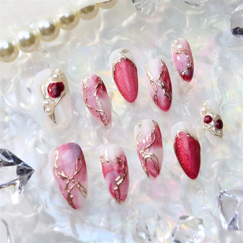 10pcs Handmade Almond Press on Nails Reusable Adhesive Mottling Fake Nails Irregular Manicure Beauty Wearable Finger Tips Woman