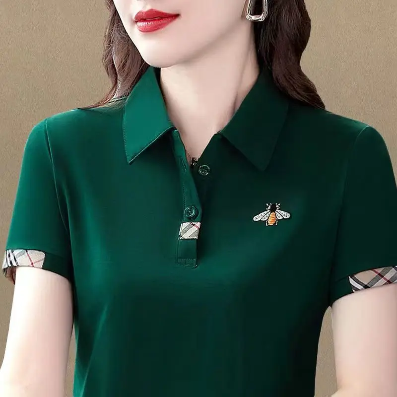 Lapel Cotton Tops Casual Short Sleeve T-shirt Women\'s Summer 2023 New Polo Shirt High Quality Female Black Red Slimming T-shirts