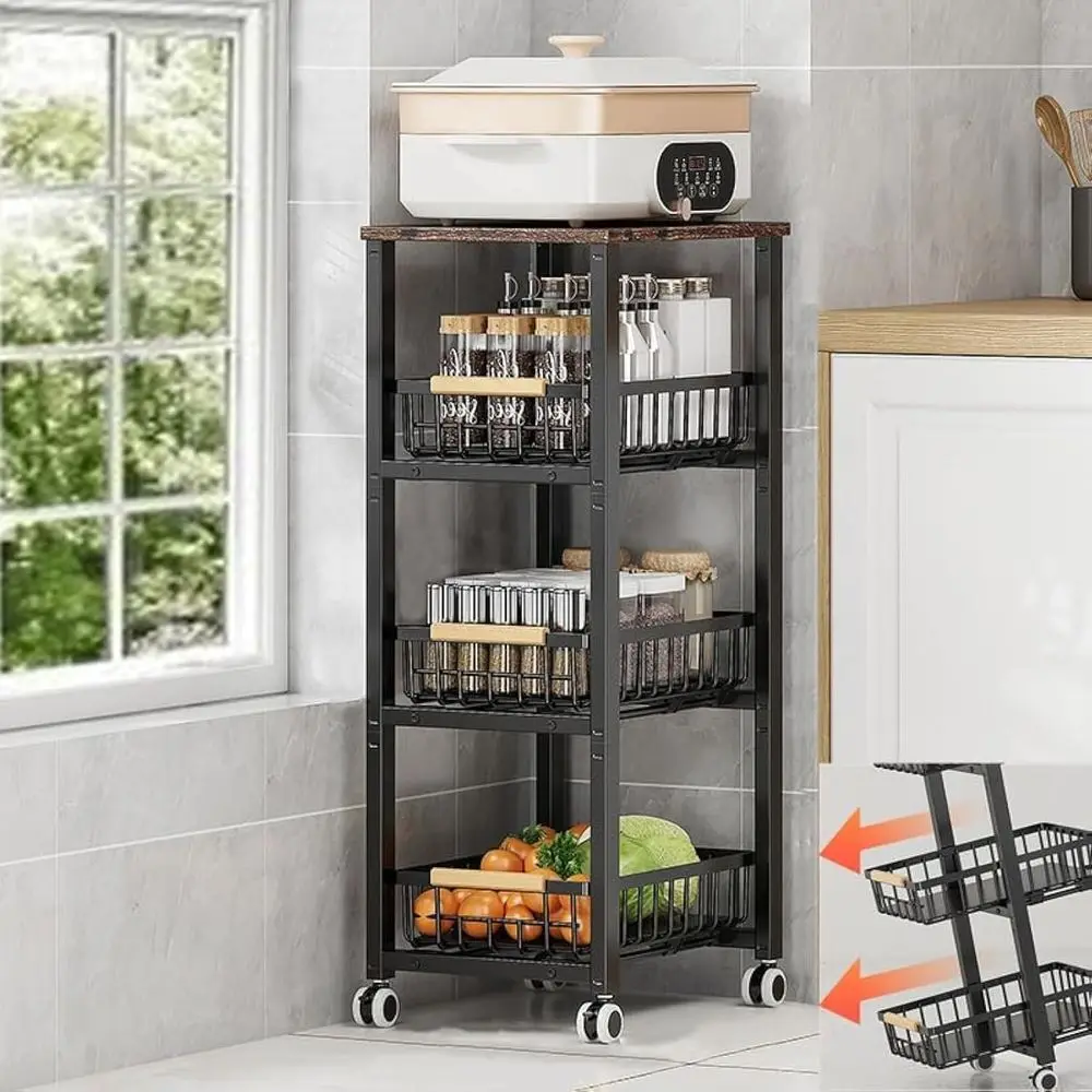 

Metal Wire Baskets with Wheels, Stackable Storage Bins Kitchen Organizer Shel, Multi Layer ruit Vegetable Cart Dishes Seasonal