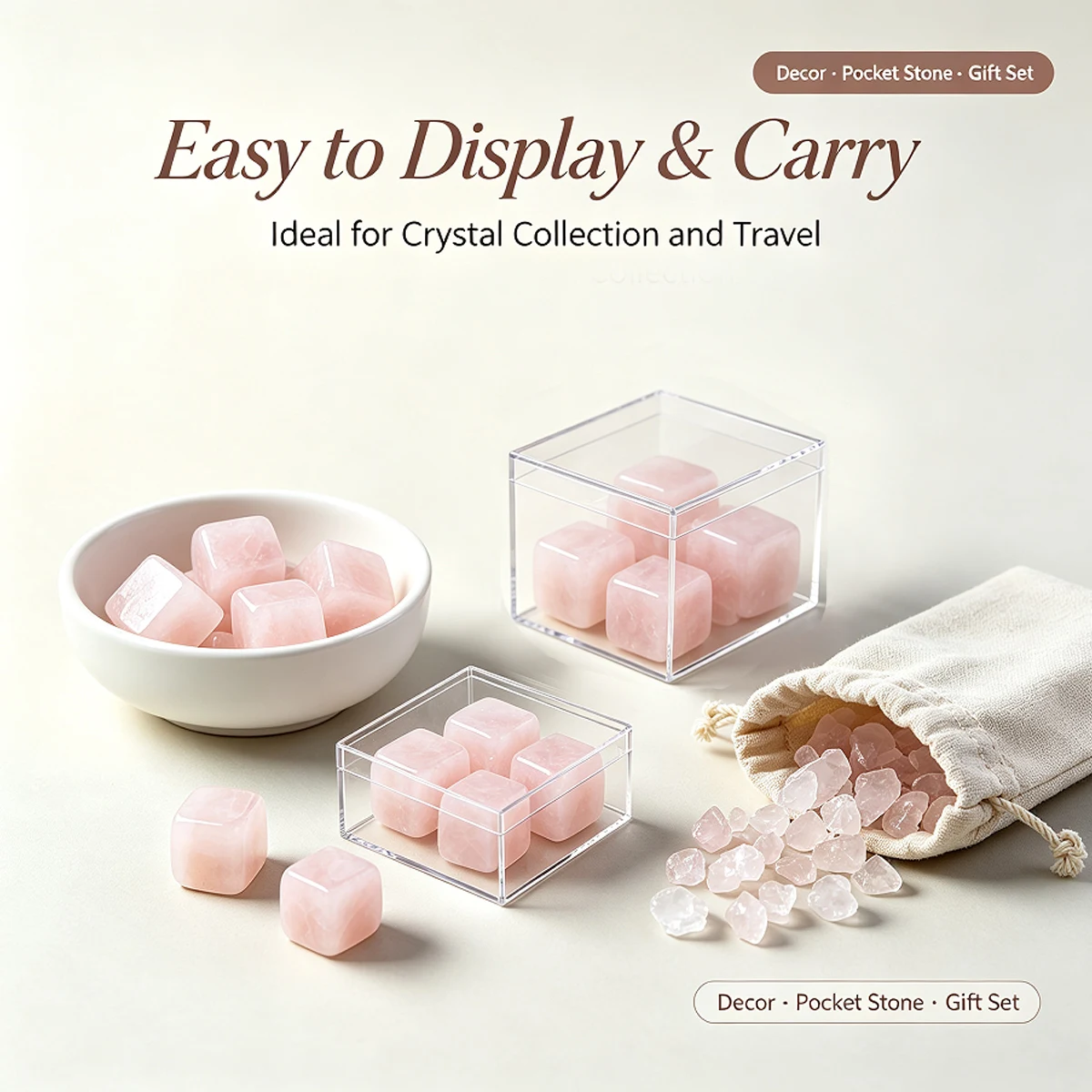 10pcs Polished Natural Rose Quartz Rolling Stone Square Crystal Block, Healing Crystal Gravel Mineral Specimen, Reiki Energy Sto