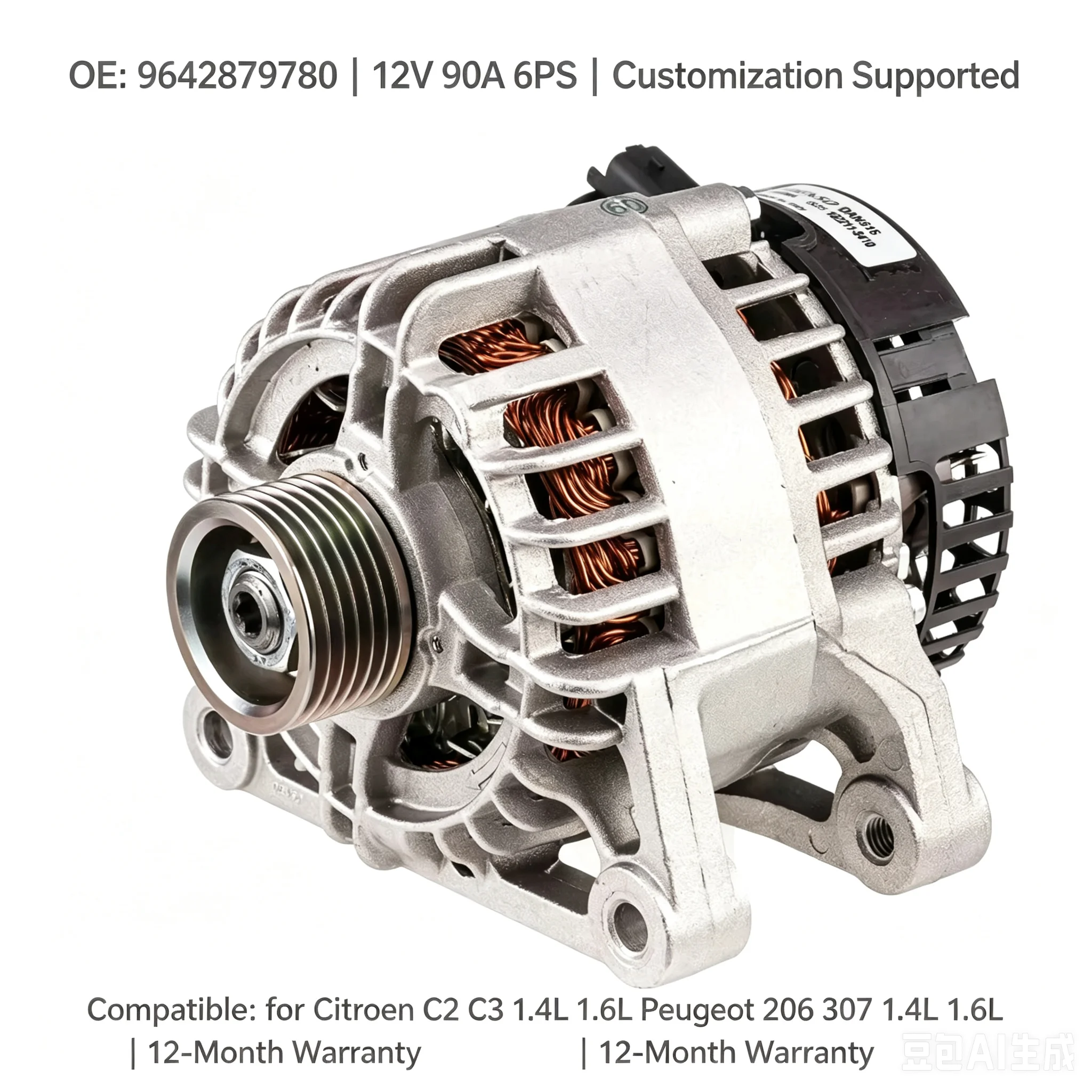 Alternator OE 9642879780 12V 90A 6PK Pulley for Citroen C2 C3 Xsara Peugeot 206 307 1.4L 1.6L TU5JP4 Engine Car Generator