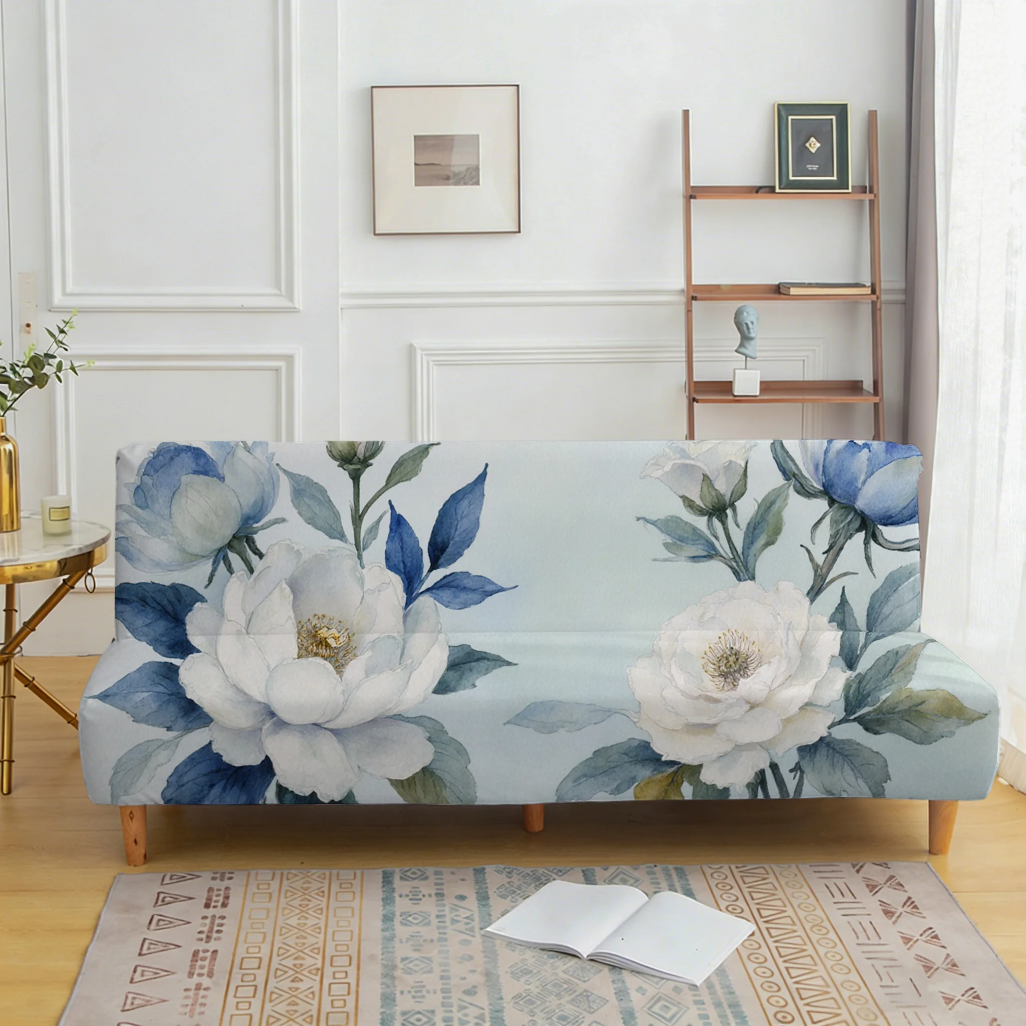 Ink white peony printing elastic sofa bed cover, living room sofa bed cover, dustproof machine washable sofa bed cover