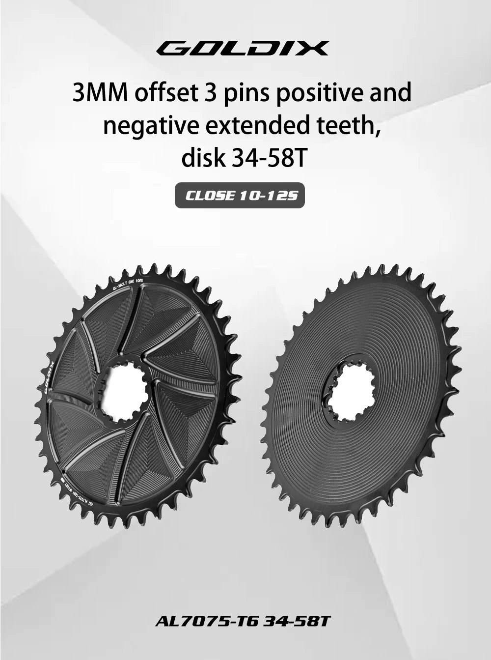 GOLDIX 3-Bolzen 3mm Offset Fahrrad-Kettenblatt mit breiten und schmalen Zähnen, AERO-Kettenblatt, CNC-Hohlschnitt-Bearbeitung für 3-Bolzen-Kurbelgarnitur – Detail 1