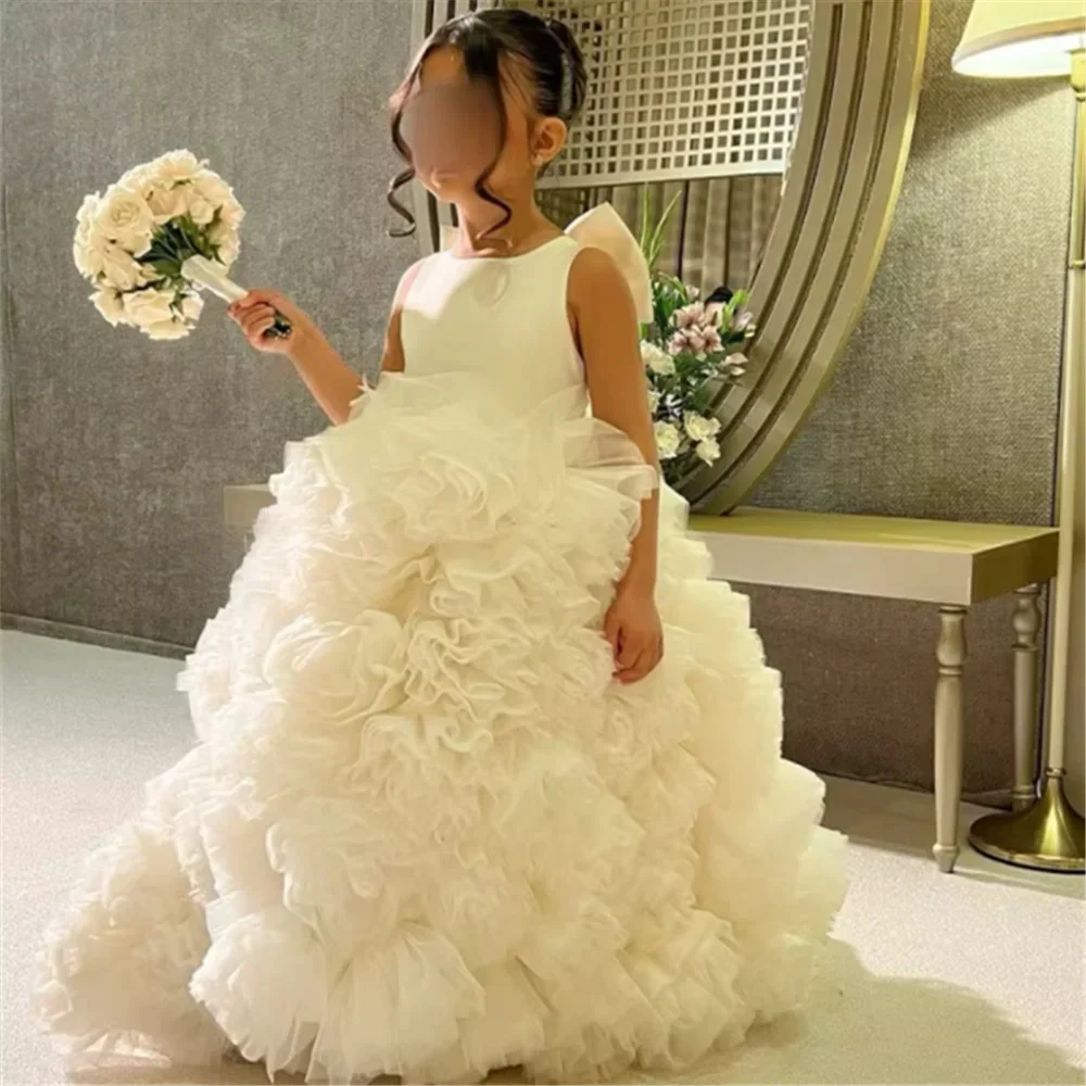 

Customized White Flower Girl Dress For Wedding Bowknot Tiered Tulle Short Sleeve Floor Length Kids Birthday First Communion Gown
