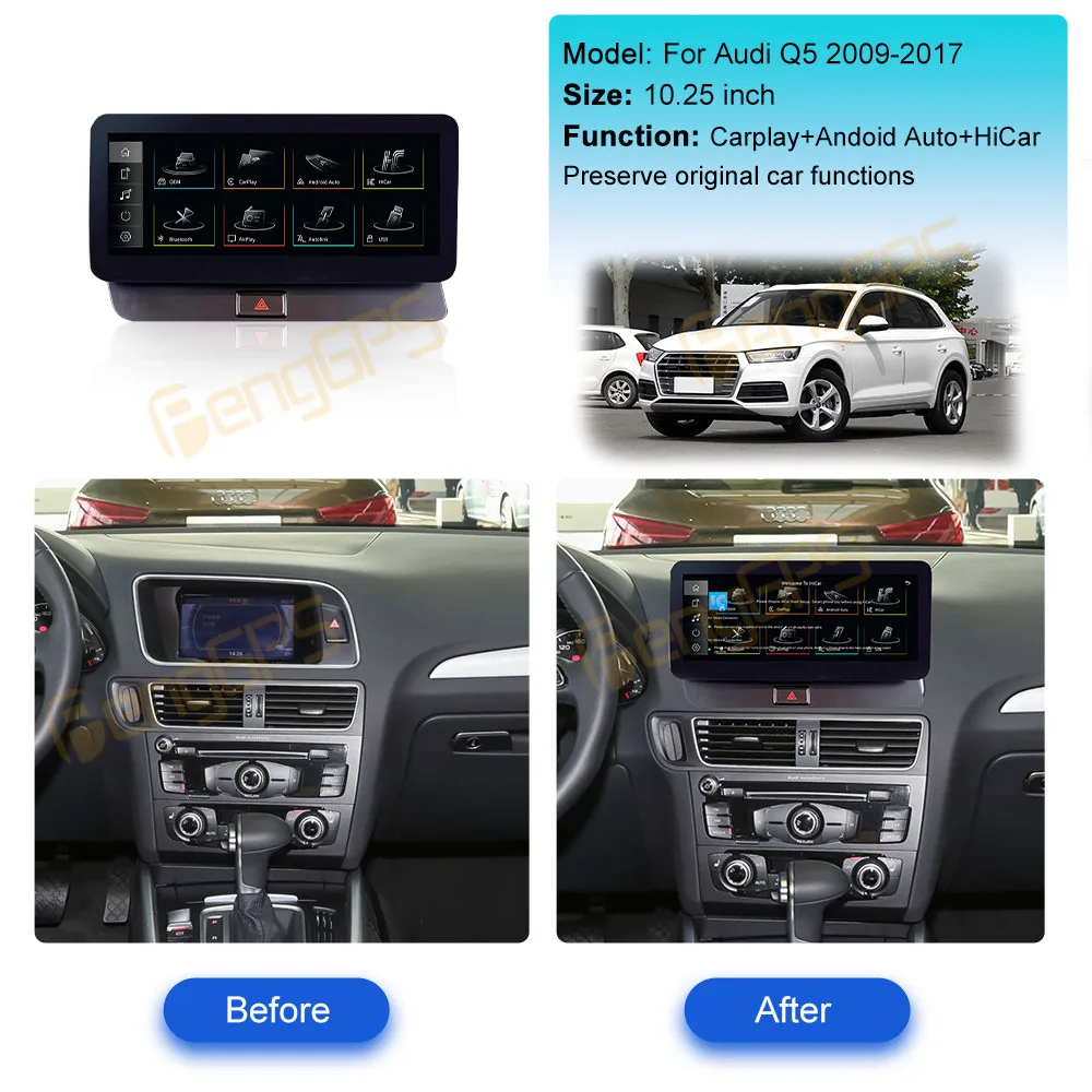 10.25 بوصة لينكس CarPlay راديو السيارة لأودي Q5 2009-2017 شاشة تعمل باللمس مشغل وسائط متعددة نظام تحديد المواقع والملاحة رئيس وحدة DSP السيارات BT 4G