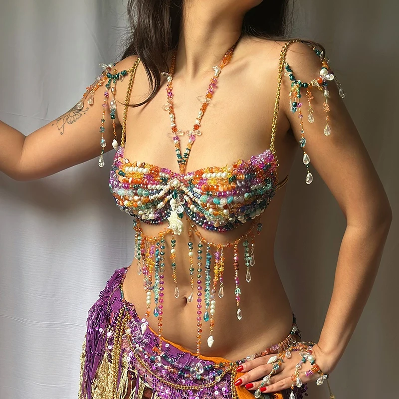 Handmade Boho Style Festival Body Chain Pearl Bead Bra Cover With Tassels Women Rainbow Crystal Beach Beaded Top
