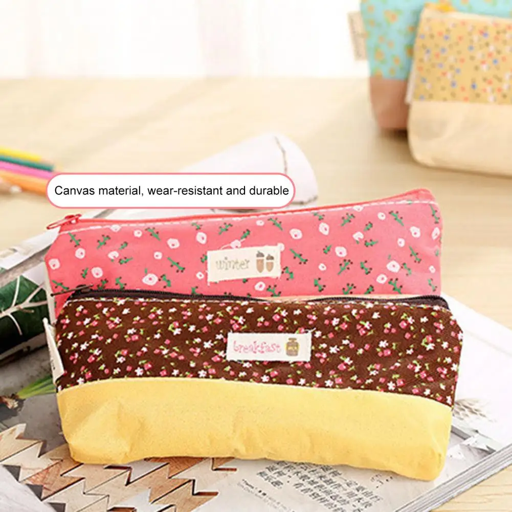 Canvas Pencil Case Stationery Creative Cute Floral Print Pen Storage Bag Smooth Zipper Pen Bag Convenient For Student