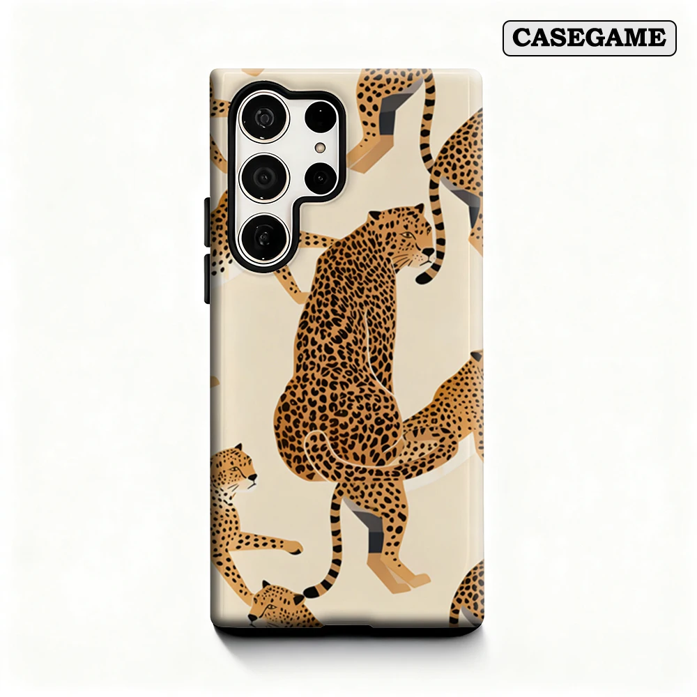 Casegame Handyhülle für Samsung Galaxy S25 S26 Ultra S24 S23 Ultra Plus Stoßfeste Doppelschicht Minimalistische Beige Leoparden-Schutzhülle