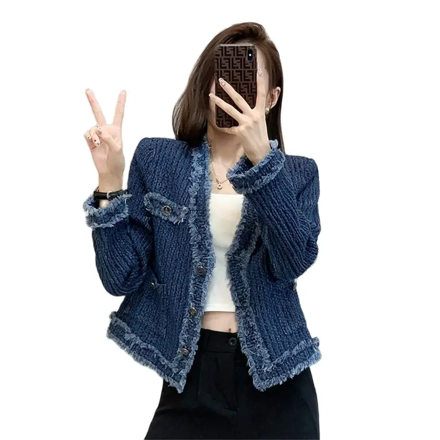 

2023 New Blue Vintage Coarse Tweed Tassel Raw Edge Denim Coat Designer Women Spring Fall Elegant Jackets Korean Short Outwear