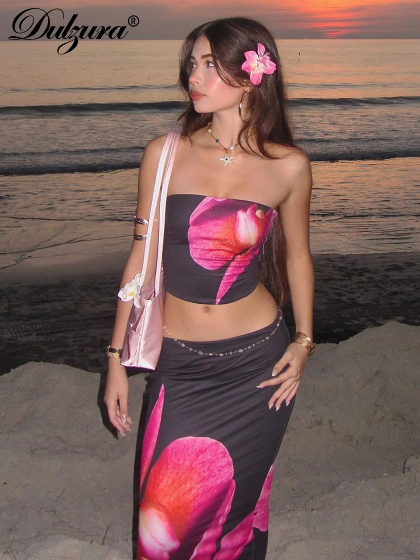 

Dulzura Print Sexy Elegant Casual 2 Piece Skirt Set Chest Wrapping Bodycon Crop Top Maxi Skirt Matching Set Party Club Clothes