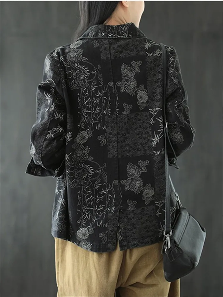 Retro Print Suit Collar Short Jacket for Women Loose and Fashionable Denim Casual Long-sleeved Top Outwear Female