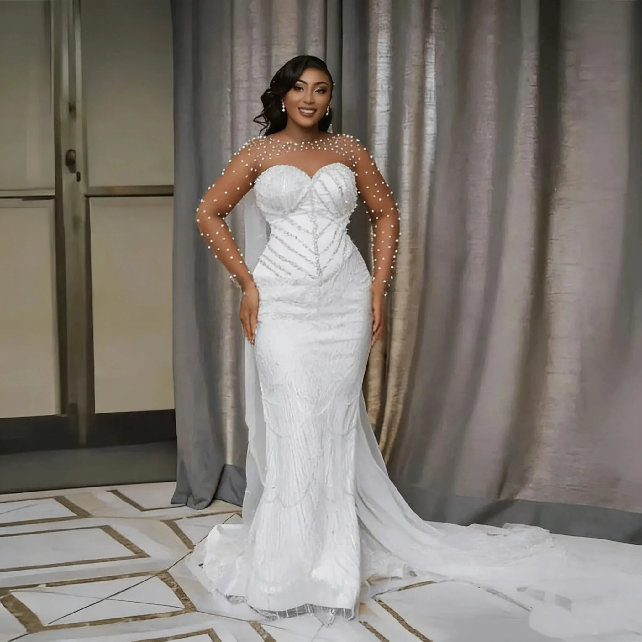 

Luxurious Mermaid Lace Bead Embroidery Women's Wedding Dress Sexy Round Neck Long Sleeve African Ball Bridal Dress Customized