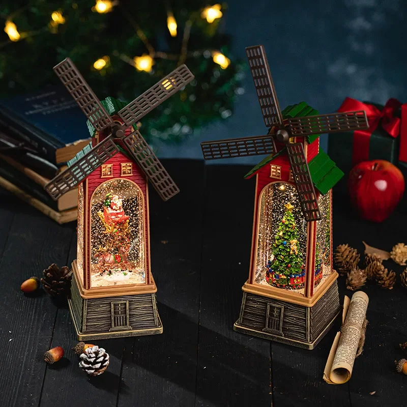 Creative Christmas Wind Lantern with Rotating Windmill and Music Box Crystal Ball Ornament for Holiday Home Decoration Unique