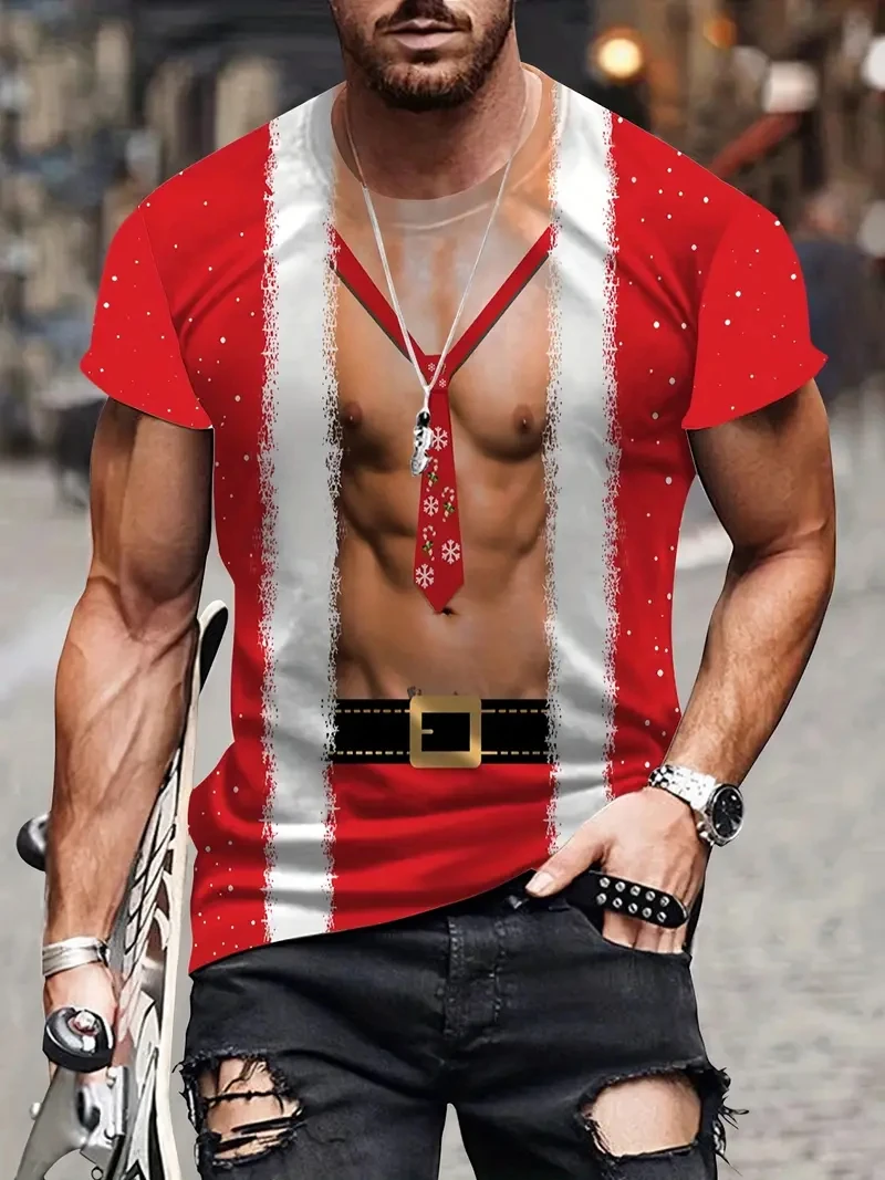 New Christmas Trees Short Sleeve Spoof Muscle 3D Printed T Shirt Funny Men's T-Shirt Fashion Casual Tops Santa Claus Clothing