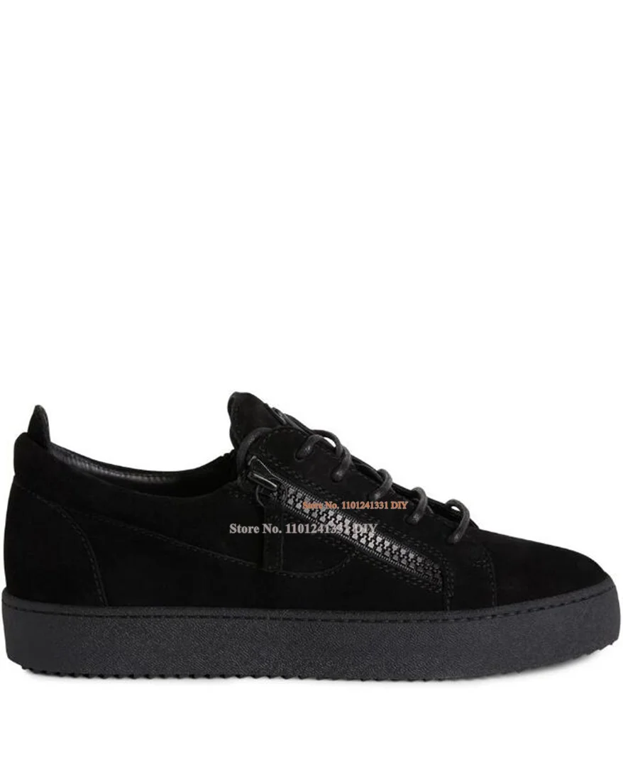 Low Cut Black Suede Leather Sneakers Front Zipper Lace Up Board Shoes Men Daily Casual Shoes Zapatillas Hombre Chaussure