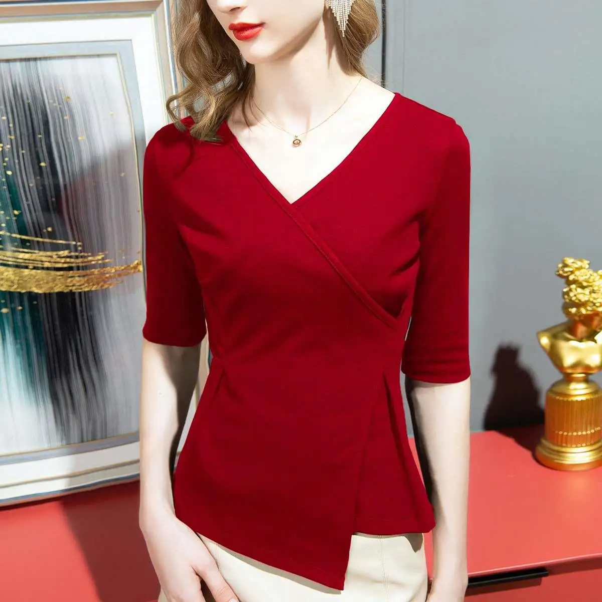 الصيف المرأة الصليب Vne Tirt الشكل فلاترين القطن مزيج عارضة أعلى للسيدات العصرية اللون خمسة Sve طول #2