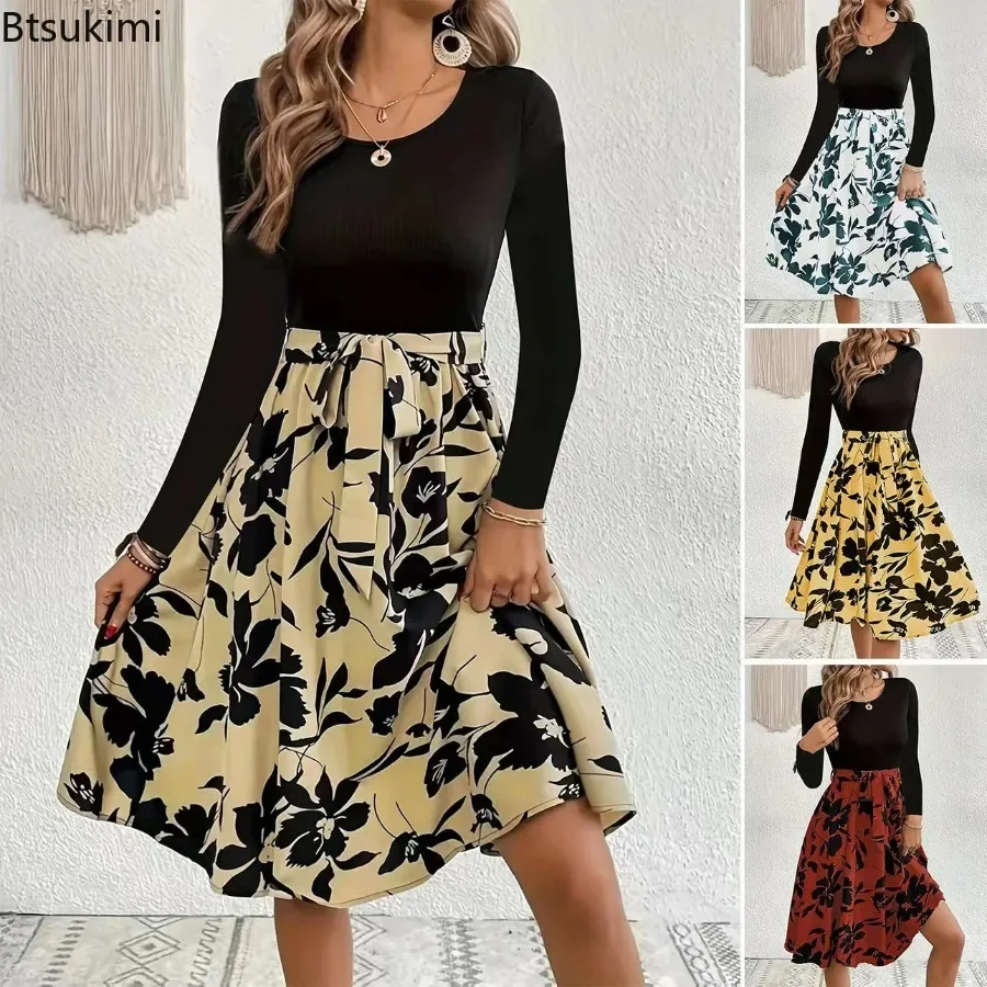 

2024 Women's Elegant Floral Print Long Sleeve Dress Autumn Winter Printed Club Party Dress Round Neck High Waist Dress Female