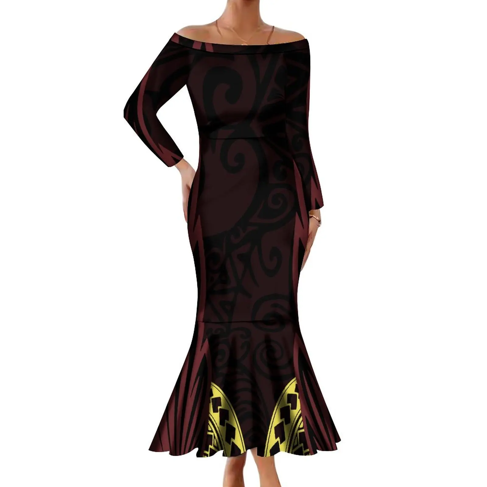 New Design Women'S Off-The-Shoulder Long Sleeve Dress High Quality Fishtail Maxi Polynesian Island Style Art Print