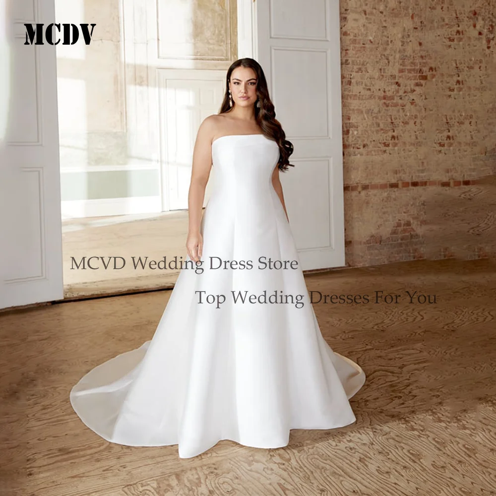 

Satin Wedding Dresses Plus Size A-Line Strapless Simple Bride Gowns For Women Sleeveless Sweep Train robe de mariee Customized