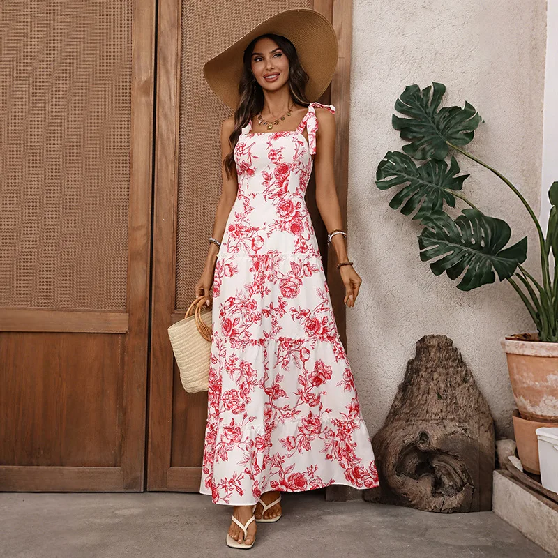 Chic 2026 French Maxi Dress Female Pastoral Multi-layer Cake Dress Suspenders and Floral Print A-shaped Big Pendulum Dress Y2K