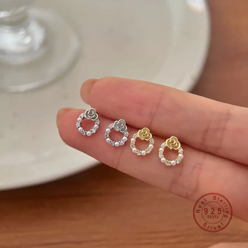 

Pearl Zircon Spacer Round Rose Stud Earrings Women 925 Sterling Silver Luxury Small Wedding Photography Jewelry Accessories