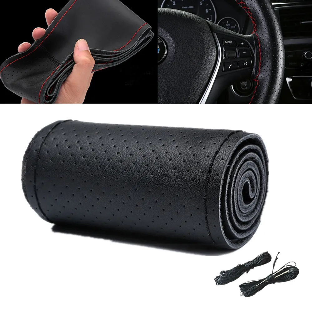 New Leather Car Steering Wheel Cover DIY 38cm Braid Steering Wheel Anti-Slip Breathable Protector for Auto Interior Accessories