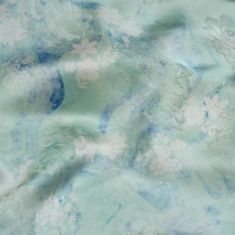 Aqua Green Xiangyunsha Hualuo Fabric Large Floral Jacquard Qipao Dress Chinese Blouse Pastel Summer Vintage Textile view 5