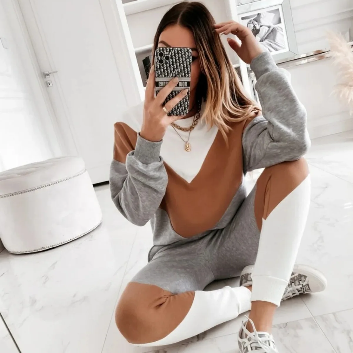 Casual Women Winter Autumn Sport Suits Tracksuits Splicing Femme Two Piece Sets Sweatshirt Top Loose Long Pants Jogging Suits