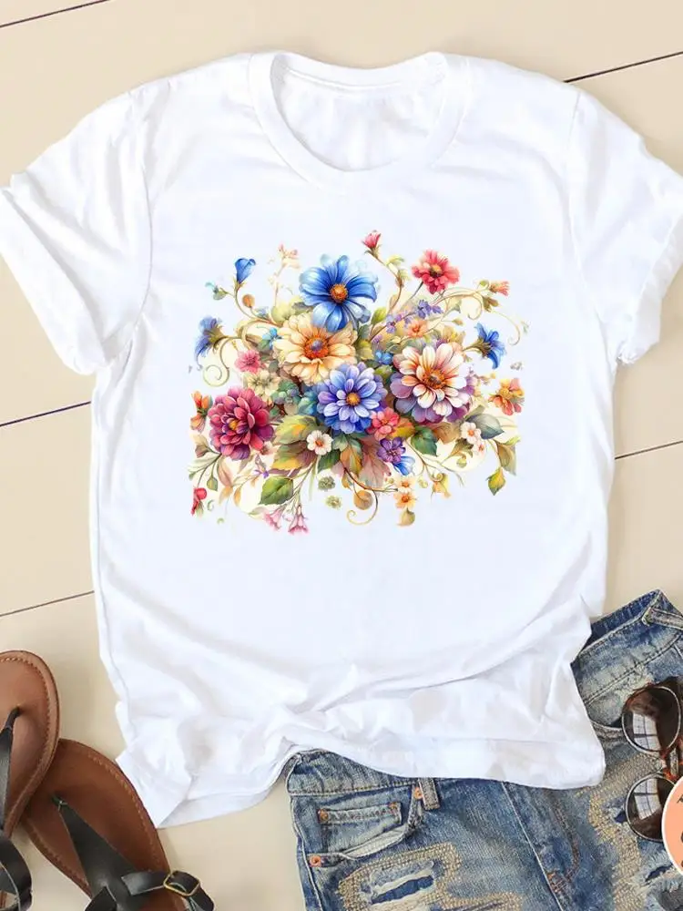 Camiseta feminina casual senhoras gráfico t roupas carta flor 90s moda roupas impressão branco manga curta o-pescoço camisetas