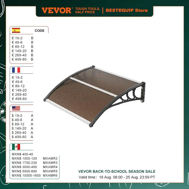 

VEVOR Window Door Awning Canopy 3 Sizes UPF 50+ Polycarbonate Entry Window Awning Front Door Overhang Awning for Sun Shutter