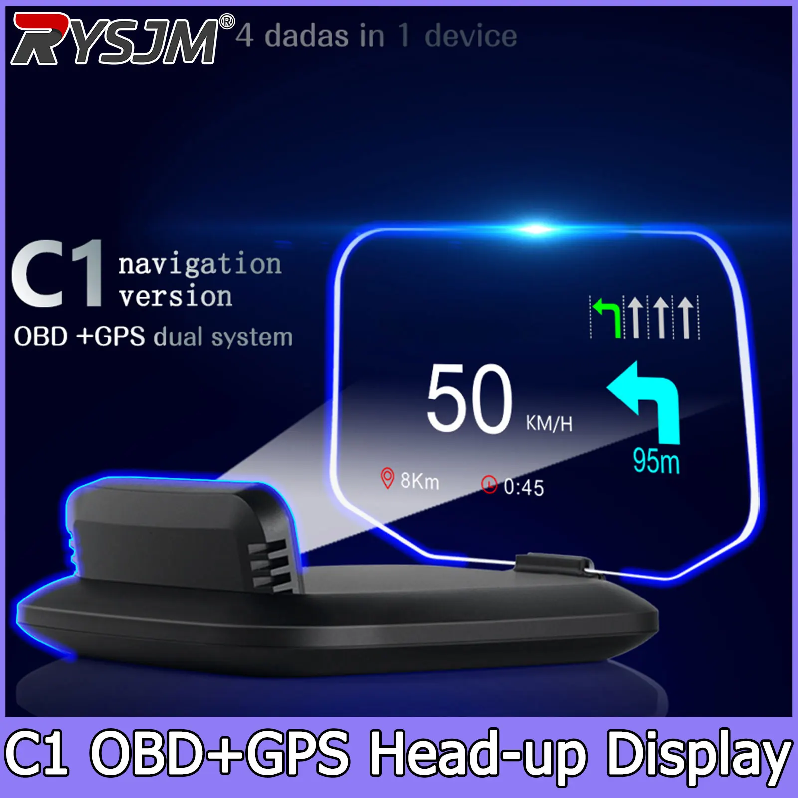 

Проекционный HUD-дисплей C1 для автомобиля: OBD2+GPS, проектор на лобовое стекло, спидометр, температура воды, напряжение, обороты, сигнализация скорости