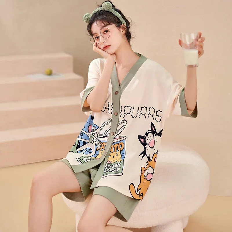 Cotton Pajamas Women's Summer V-Neck Cardigan 2024 New Short-sleeved Shorts suit Cartoon Cute Home Clothe