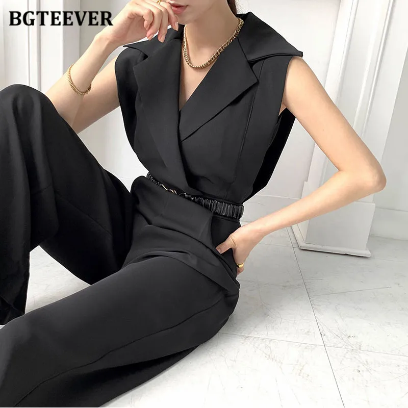 BGTEEVER Summer Turn-down Collar Sleeveless Jumpsuits Women Elegant Slim Waist Belted Female Wide Leg Playsuits