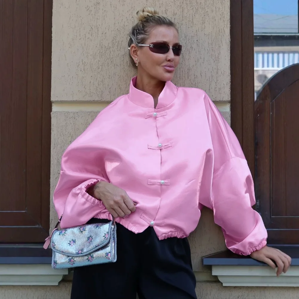 New Chinese Style Buckle Stand Collar Jacket Autumn and Winter Women Light Luxury Solid Loose Soft Office Travel Leisure Jacket