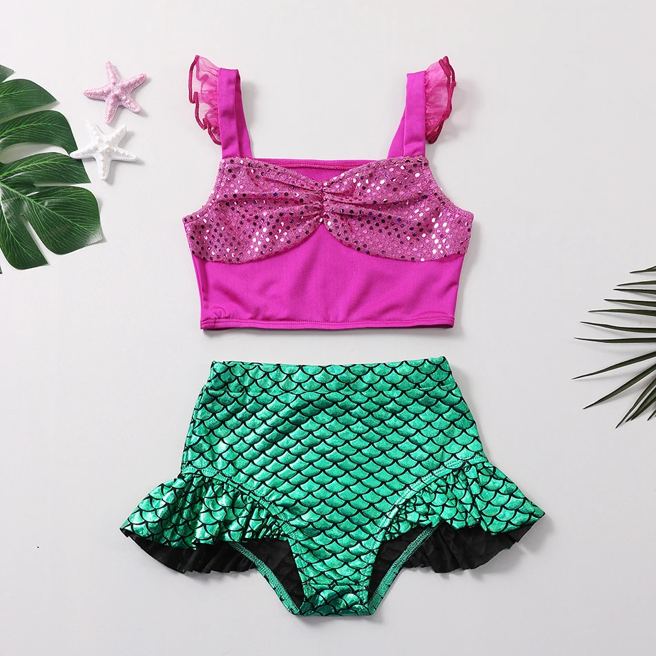 Maiôs Mermaid Tankini femininos, trajes de banho de duas peças, top com babados e troncos, roupas de banho de 2 a 10 anos, praia de verão