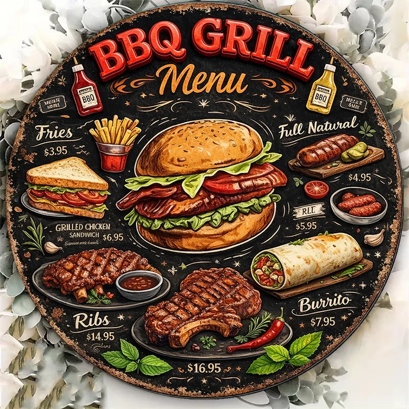 2D Flat Round Sign, Retro Plaque about BBQ Barbecue Menu, Gourmet Burger Rib Taco Decorative Sign