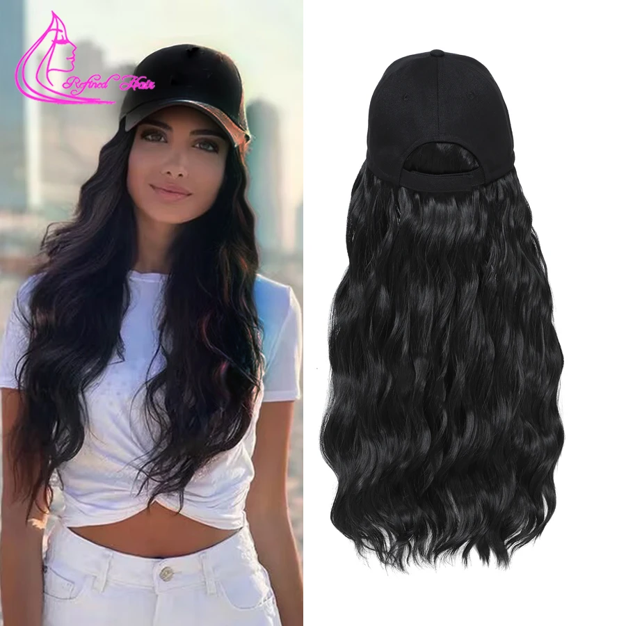 

Synthetic Body Wave Hat Wig Baseball Cap with Hair Extensions Attached For Black White Woman Adjustable Cap Size Wigs Brown