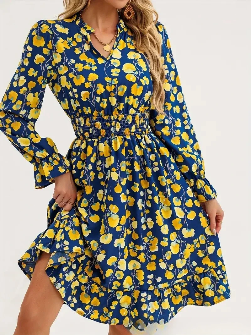 Summer Sexy V Collar Floral Ruffles Mini Dress Women Casual Long Sleeves Print Dresses New Elastic Waist Bohemia Vestidos