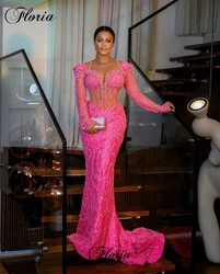 African Fuchsia Evening Dresses With Long Sleeves Crystals Mermaid Prom Party Dresses Robes De Soirée Pageant Gowns Custom